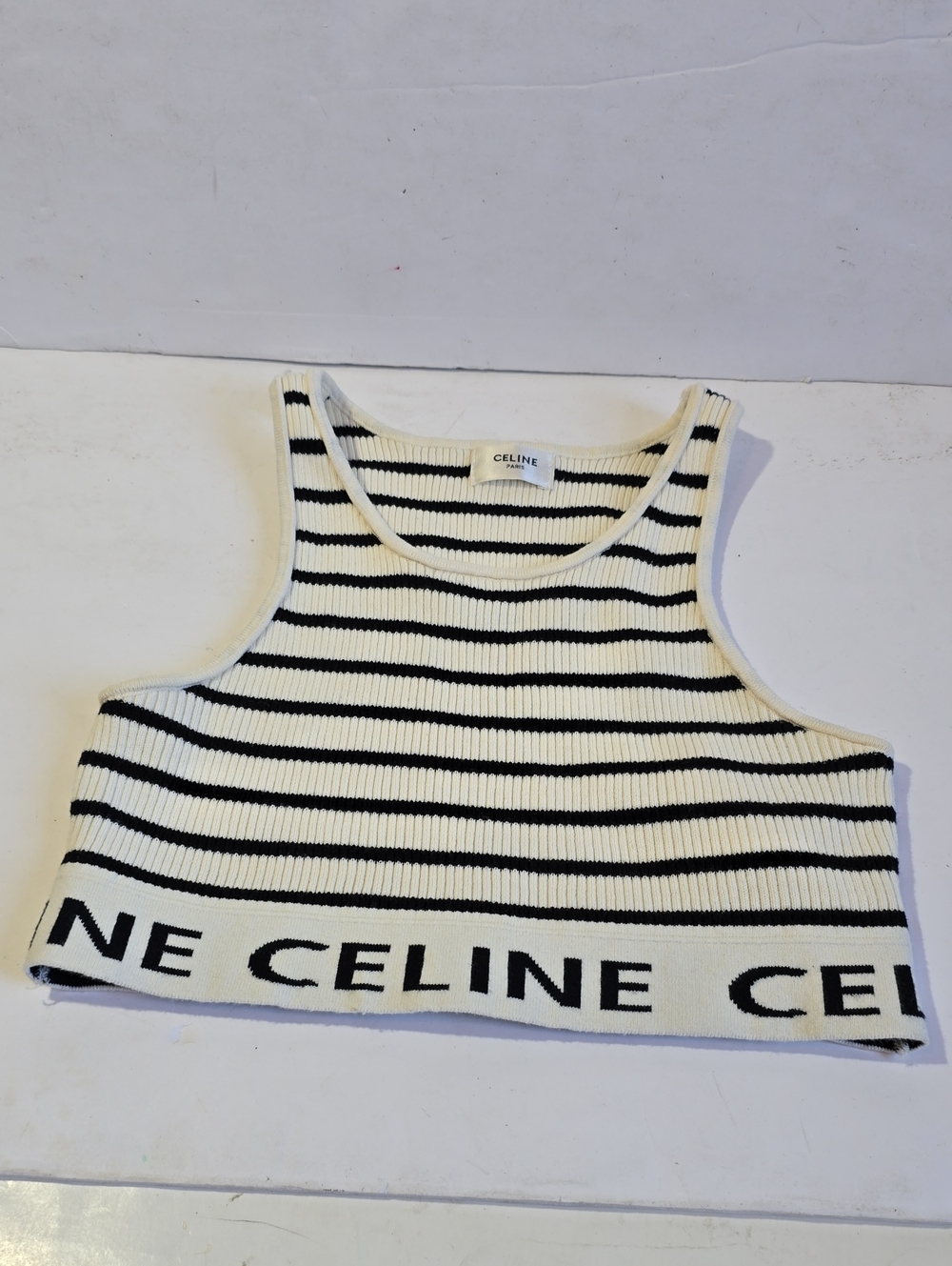 Celine Black & White Striped Logo Ribbed Crop Top No Size Tag See Measurements
